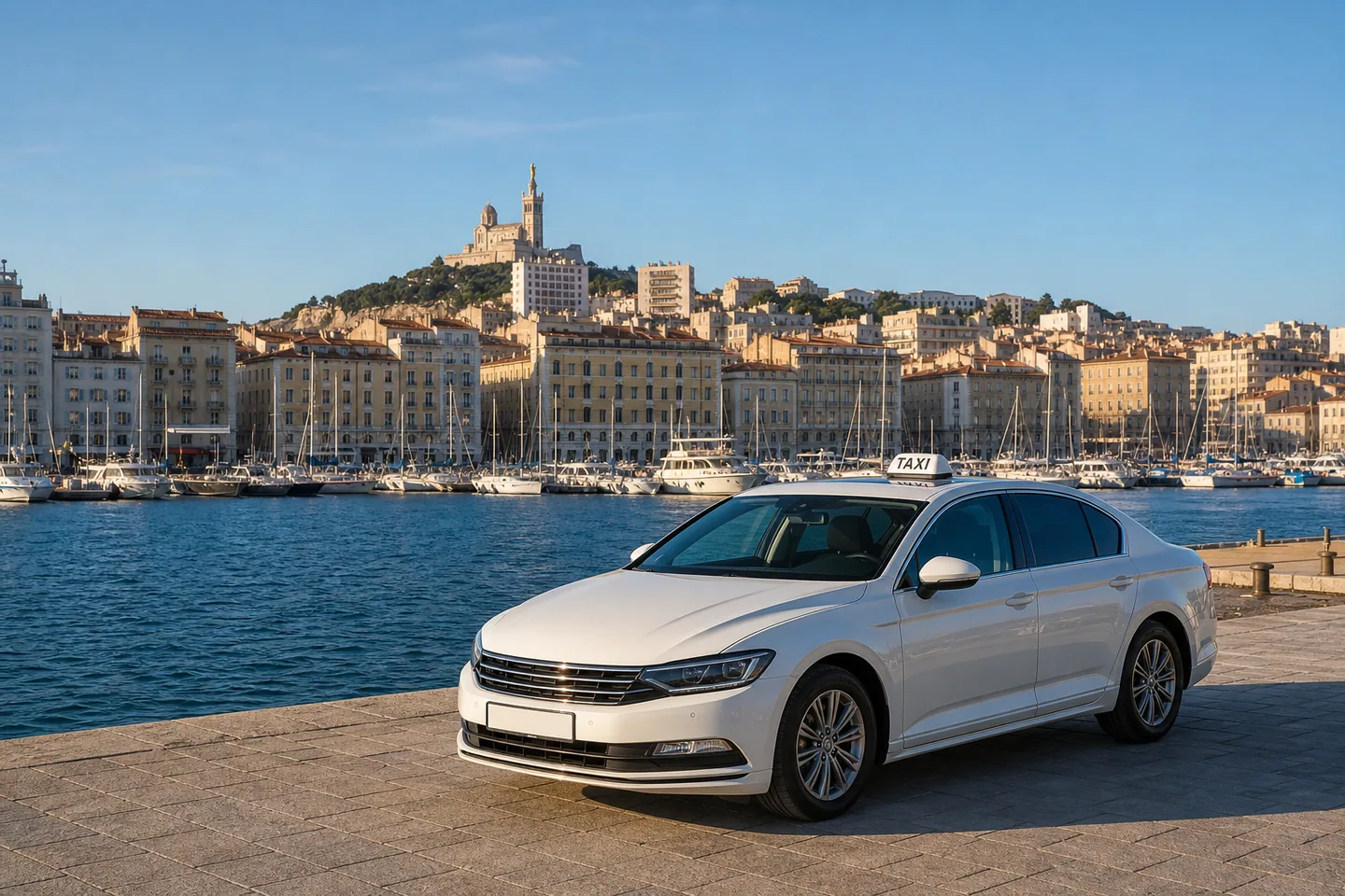 Taxi blanc devant le Vieux-Port de Marseille